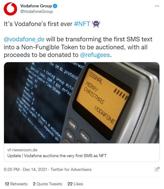 英國沃達(dá)豐公司也表示，計(jì)劃將拍賣所得全部捐贈(zèng)給聯(lián)合國難民署，以支持那些被迫逃離家園的人。(圖片來源：英國沃達(dá)豐公司社交媒體截圖)