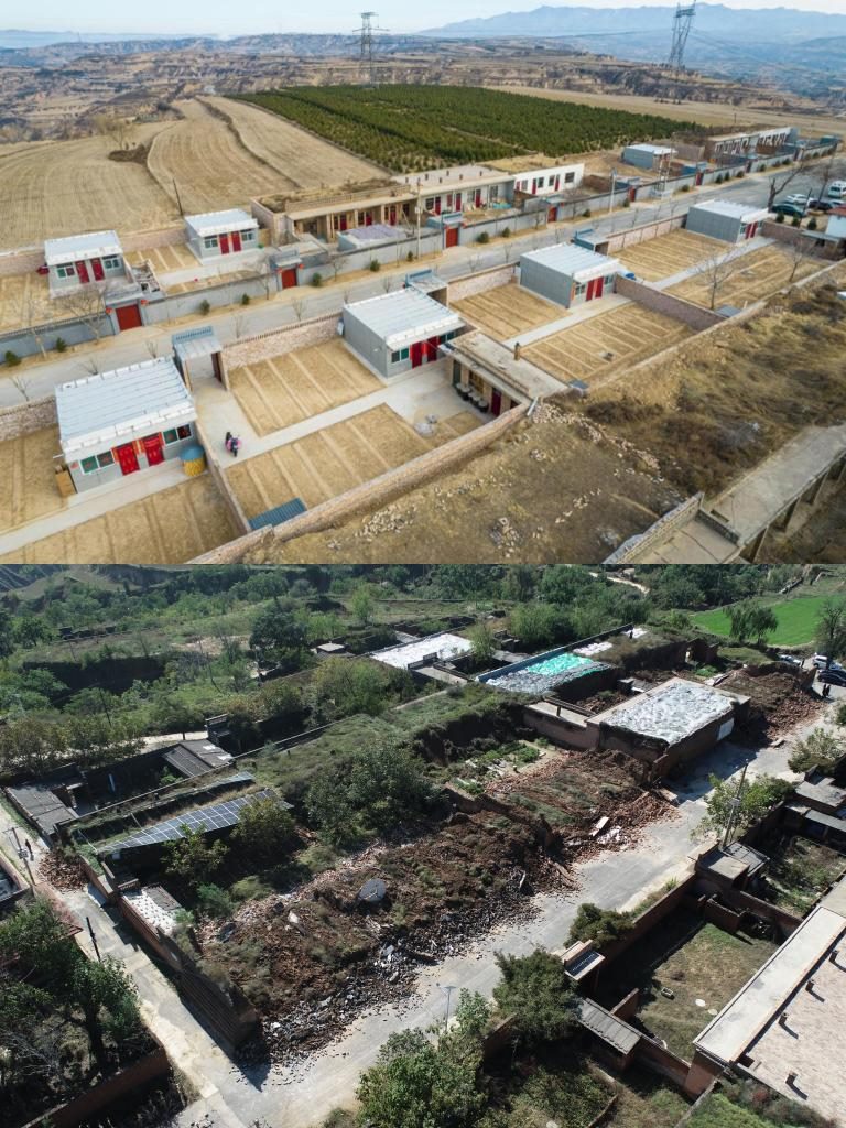 拼版照片，上圖是2022年1月山西省霍州市師莊鄉(xiāng)馮南垣村災(zāi)后恢復(fù)重建后的場景，下圖是2021年10月村莊因災(zāi)受損的場景。(霍州市委宣傳部供圖)