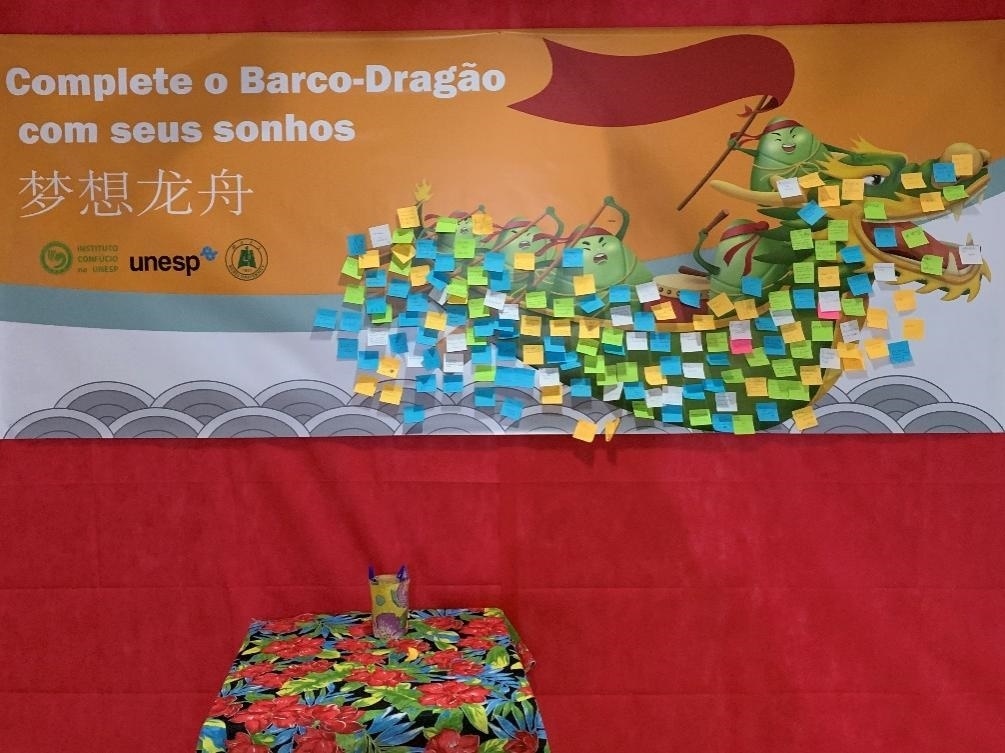 活動現(xiàn)場設(shè)置了“夢想龍舟”環(huán)節(jié)，大家將自己寫下的心愿貼在“龍舟”上，期盼“龍舟”承載自己的夢想駛向更美好的未來。（圣保羅州立大學(xué)孔子學(xué)院供圖）