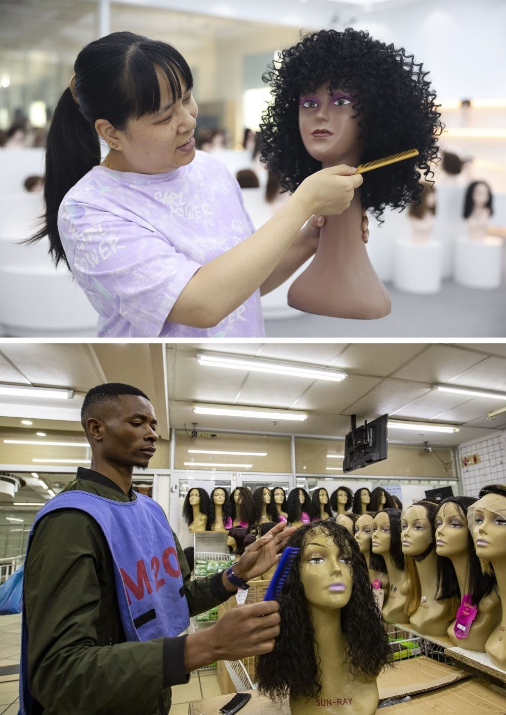 拼版照片：上圖為2023年5月25日，工人在湖南邵陽陽光發(fā)品有限公司展廳展示假發(fā)（新華社記者薛宇舸攝）；下圖為2023年6月9日，一名店員在湖南邵陽陽光發(fā)品有限公司位于南非約翰內(nèi)斯堡的店鋪內(nèi)展示假發(fā)（新華社記者張譽(yù)東攝）。新華社發(fā)