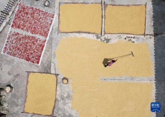 9月16日，村民在貴州省黔東南苗族侗族自治州施秉縣馬溪鄉(xiāng)王家坪村晾曬稻谷（無(wú)人機(jī)照片）。