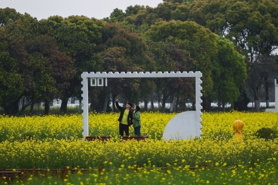  游客在浙江嘉興市秀洲區(qū)王店鎮(zhèn)鎮(zhèn)中村的“青青樂地”農(nóng)耕文化園內(nèi)游玩（2023年4月3日攝）。