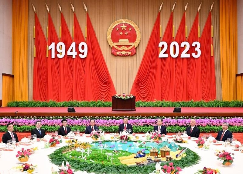 △2023年9月28日，慶祝中華人民共和國(guó)成立74周年招待會(huì)在北京人民大會(huì)堂舉行。