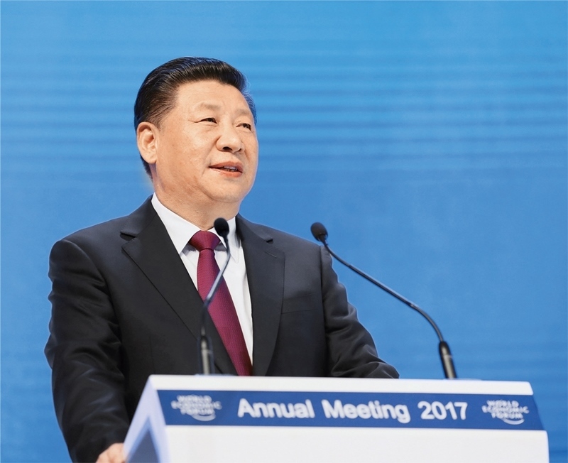 2017年1月17日，習(xí)近平主席在瑞士達(dá)沃斯國(guó)際會(huì)議中心出席世界經(jīng)濟(jì)論壇2017年年會(huì)開(kāi)幕式，并發(fā)表題為《共擔(dān)時(shí)代責(zé)任 共促全球發(fā)展》的主旨演講。