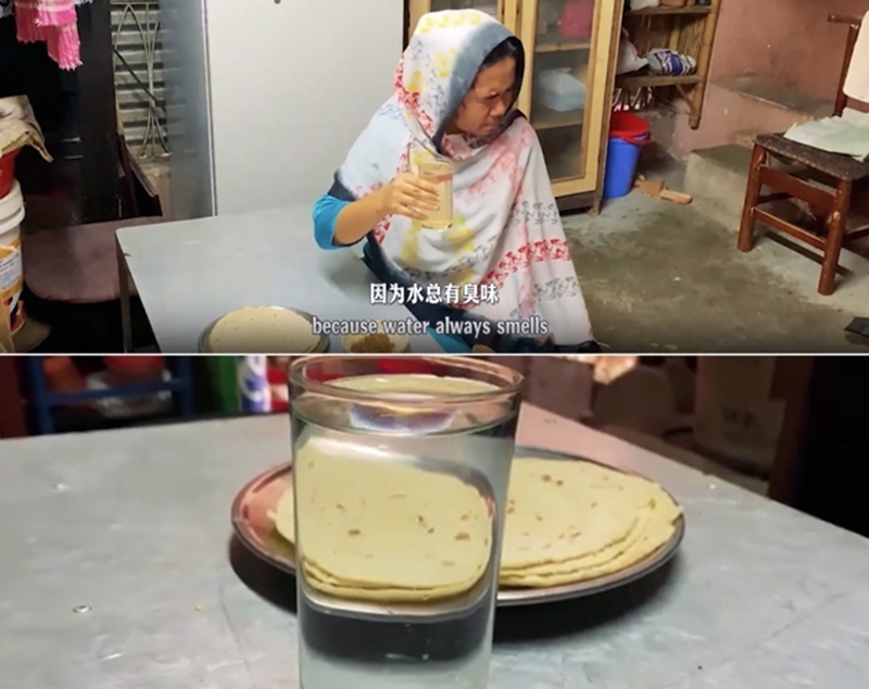 圖為紀(jì)實(shí)短片截圖：上圖為水質(zhì)未改善前，飲用水發(fā)黃渾濁；下圖為水廠建成后，飲用水水質(zhì)明顯改善，清澈透明。