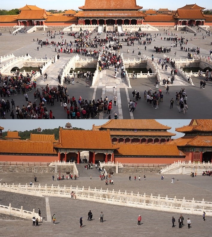 上午9時(shí)和下午13時(shí)的太和門廣場客流對比。故宮博物院供圖
