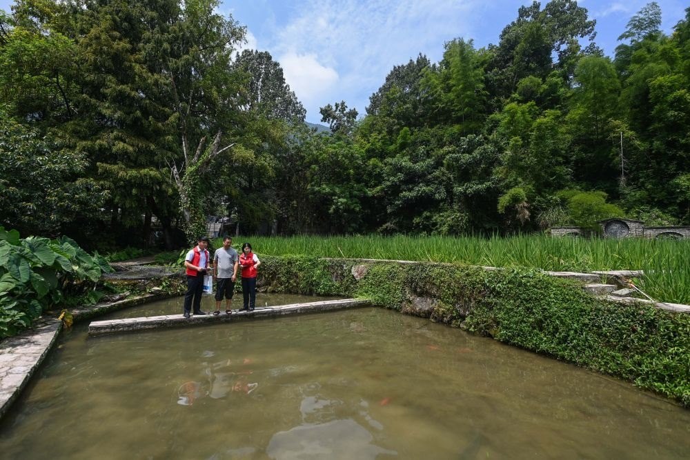 2023年8月17日，浙江省麗水市青田縣方山鄉(xiāng)田魚養(yǎng)殖戶吳勇強（中）在接受青田農(nóng)商銀行“小蜻蜓”服務(wù)隊志愿者提供的“惠民易貸”上門服務(wù)。近年來，青田縣金融發(fā)展中心聯(lián)合各個金融機構(gòu)優(yōu)化配套鄉(xiāng)村振興金融服務(wù)，推出“惠民易貸”“農(nóng)家樂貸”等金融產(chǎn)品，重點支持涉農(nóng)龍頭企業(yè)及特色種養(yǎng)殖產(chǎn)業(yè)。新華社記者 徐昱 攝