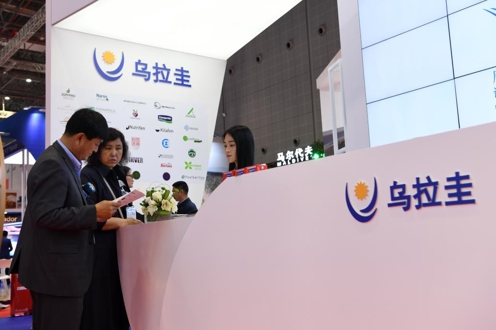 2019年11月6日，參觀者在第二屆進博會烏拉圭國家館展臺咨詢。