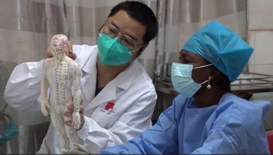 嘉興市中醫(yī)醫(yī)院郝亞波給當(dāng)?shù)刂种v解中醫(yī)經(jīng)絡(luò)。新華社發(fā)