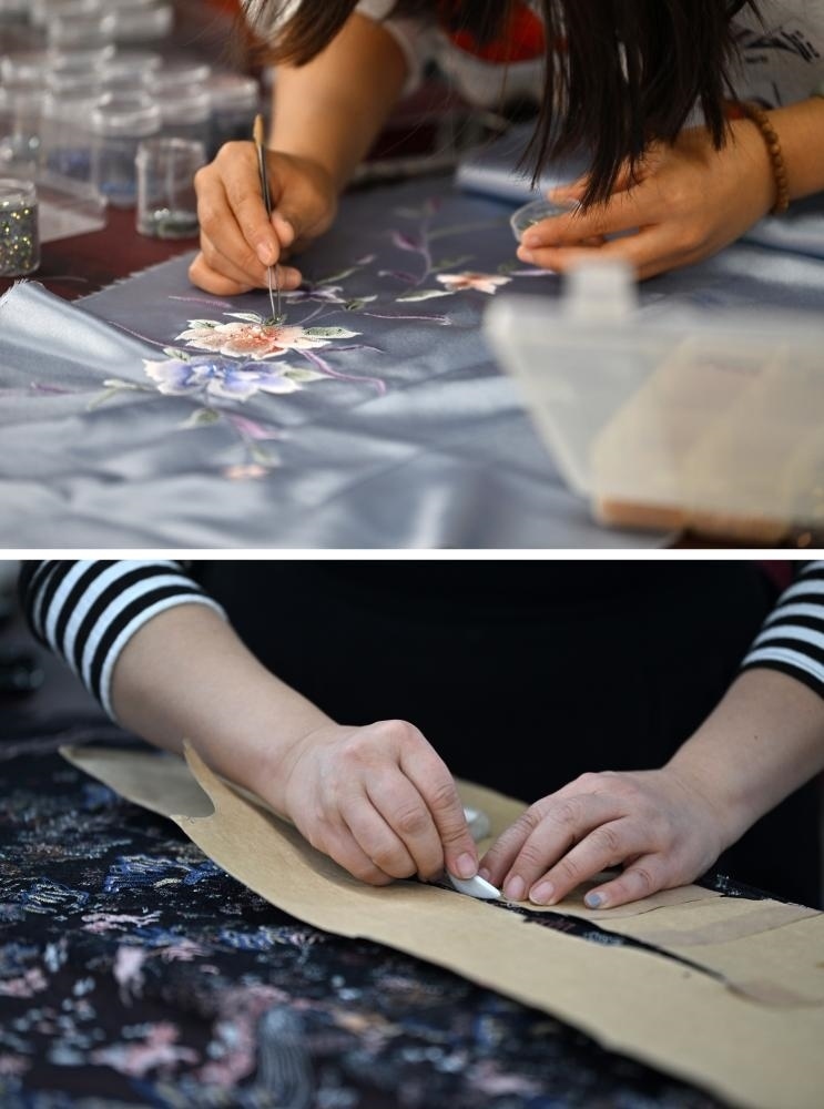 拼版照片：上圖為老美華定制車間的制衣師傅在面料上貼鉆；下圖為老美華定制車間的制衣師傅在面料上劃線（2023年12月8日攝）。天津老美華始創(chuàng)于1911年，歷史上以“千層底”布鞋聞名，是享譽(yù)津門的“中華老字號(hào)”。新華社記者 李然 攝