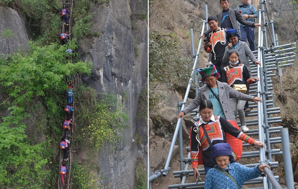 “懸崖村”今昔對比：左圖為2016年5月14日，“懸崖村”的孩子們攀爬木梯回家。右圖為2020年5月13日，“懸崖村”村民帶著行李通過鋼梯下山，搬遷至易地扶貧集中安置點(diǎn)的新家。