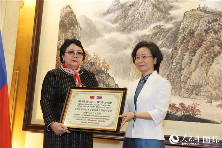 沈大使向?qū)殑跔柆敚ㄗ螅┟貢?shū)長(zhǎng)轉(zhuǎn)交捐款。人民網(wǎng)記者 霍文攝