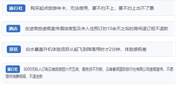 “人民投訴”用戶投訴在線旅游平臺虛假宣傳、購買的旅游卡無法預(yù)約、景區(qū)項目體驗(yàn)差、定制游服務(wù)欺詐等問題。（“人民投訴”平臺截圖）