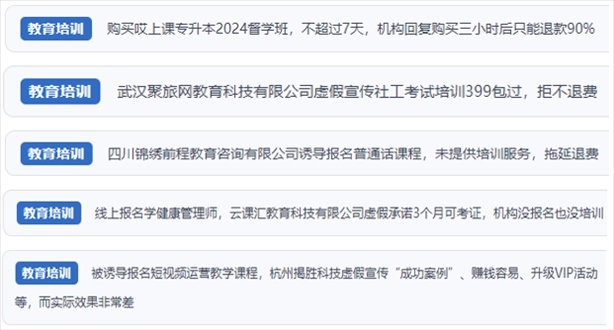 “人民投訴”用戶舉報機(jī)構(gòu)虛假宣傳包過包拿證、虛假承諾收益效果、課程服務(wù)貨不對板、退款難等在線教培亂象。（“人民投訴”平臺截圖）