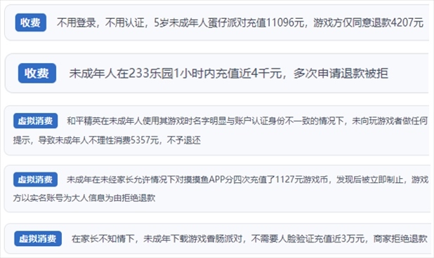 “人民投訴”用戶舉報身份認(rèn)證成擺設(shè)、大額充值無提醒、提供證據(jù)被駁回、商家設(shè)置退款障礙等未成年人網(wǎng)游消費(fèi)亂象。（“人民投訴”平臺截圖）