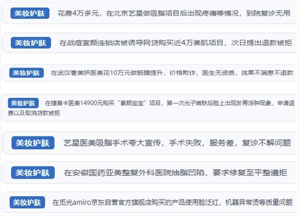 “人民投訴”用戶舉報醫(yī)美未達(dá)預(yù)期效果或?qū)е律眢w損傷退款遭拒、機(jī)構(gòu)及服務(wù)人員虛假資質(zhì)、被誘導(dǎo)高額醫(yī)美貸、網(wǎng)購美容儀器質(zhì)量不過關(guān)等問題。（“人民投訴”平臺截圖）