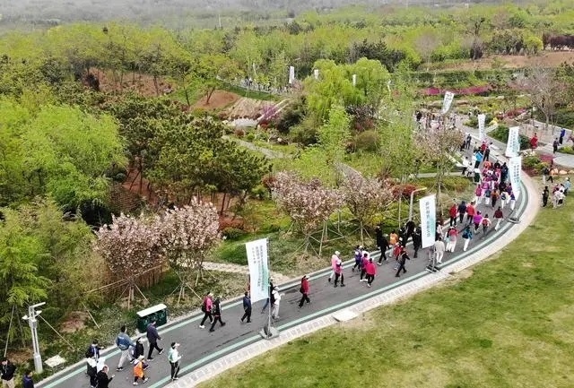 4月27日，登山愛好者在浮山森林公園參加登山健身活動（無人機照片）。新華社記者 李紫恒攝