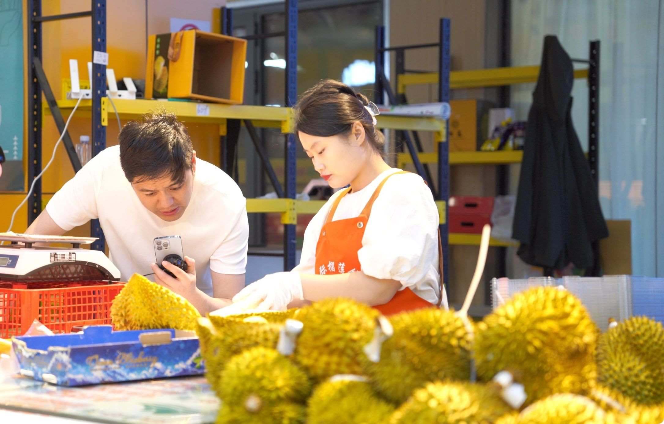 榴蓮商家正在通過手機(jī)直播銷售榴蓮。人民網(wǎng)記者申佳平 攝