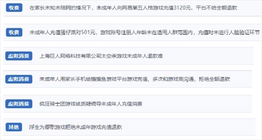 網(wǎng)友涉及“熊孩子”氪金相關(guān)投訴問題。（“人民投訴”用戶投訴截圖）