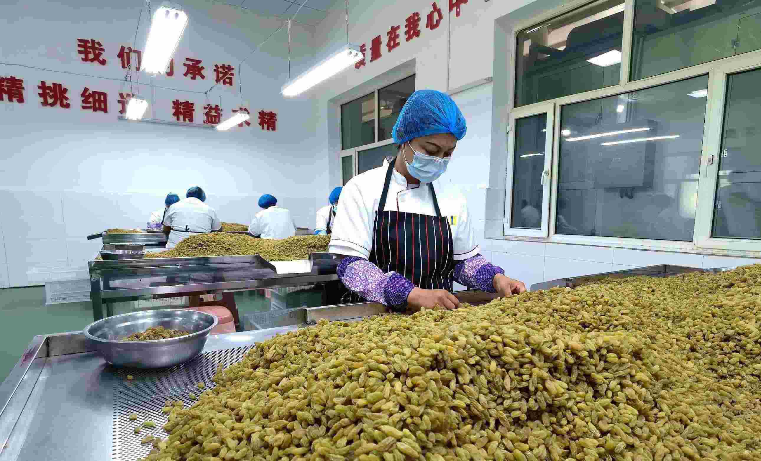 新疆吐魯番市高昌區(qū)亞爾鎮(zhèn)新城西門村，村民們在分揀葡萄干。