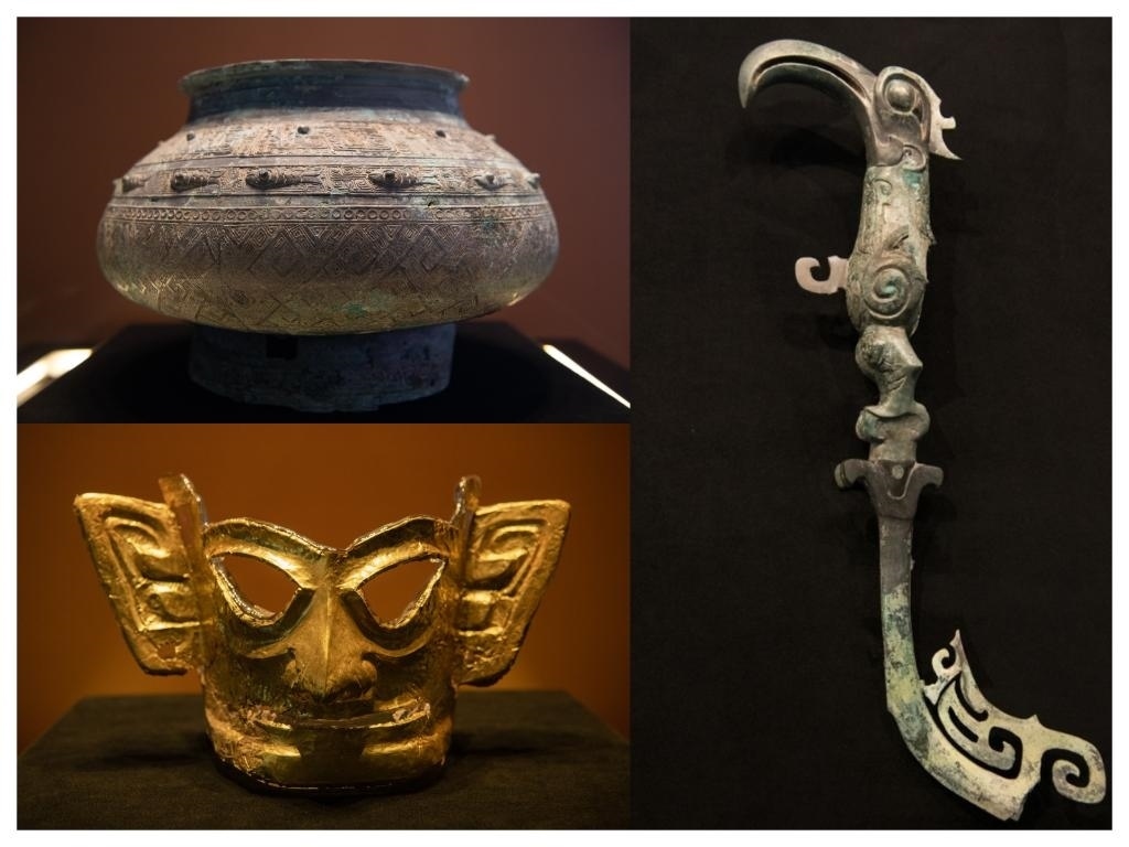 拼版照片：左上圖為青銅瓿，左下圖為黃金面具，右圖為青銅樹枝。新華社記者唐文豪 攝