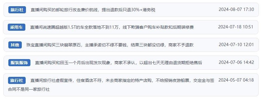 近期網(wǎng)友涉及直播購物相關(guān)投訴問題。（“人民投訴”用戶投訴截圖）