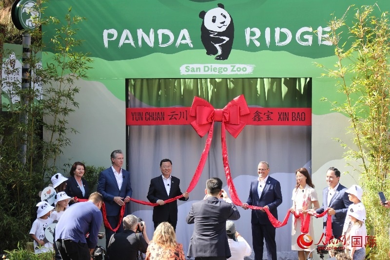 1、中國駐美國大使謝鋒、加州州長紐森、圣迭戈市市長格洛利亞等人共同為“熊貓嶺”開館剪彩。 人民網(wǎng)記者 李志偉攝
