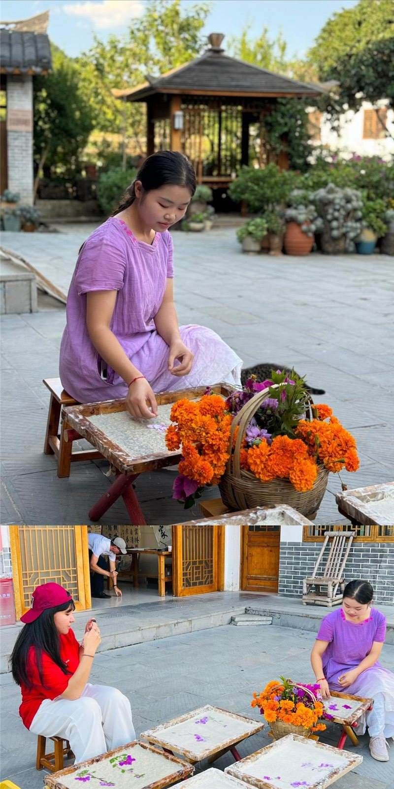 沒有女生不愛花。以古法造紙技藝為基礎(chǔ)，再輔以花草枝葉勾勒各式圖案，創(chuàng)作出花茂村獨具特色的紙漿壓花畫，少女手中的花是她眼中的風(fēng)景，而她與正在制作的紙漿壓花畫也是別人眼中的風(fēng)景。（哈薩克斯坦BAQ通訊社高級記者古爾詹·拉曼庫洛娃、張亞欣攝）