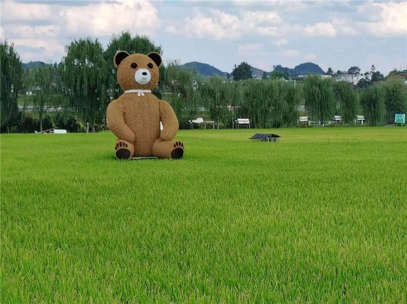 稻穗搖曳，垂柳依依，山嵐多姿，好一幅歲月靜好山鄉(xiāng)恬靜圖。這憨厚俏皮的熊玩偶造型，像是亂入其中，形成現(xiàn)代與傳統(tǒng)、好動與寧靜的反差感，讓人過目不忘，也讓人莞爾一笑。（哈薩克斯坦鳳凰24新聞社總編輯兼首席執(zhí)行官克馬爾·馬山羅攝）