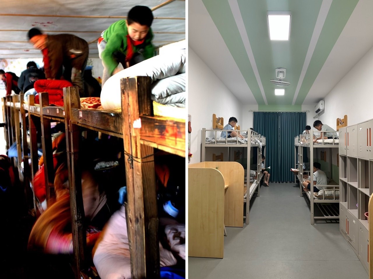 縉云縣東渡鎮(zhèn)長(zhǎng)坑小學(xué)2005年以前的學(xué)生宿舍（左），以及現(xiàn)在的學(xué)生宿舍（右） 學(xué)校供圖