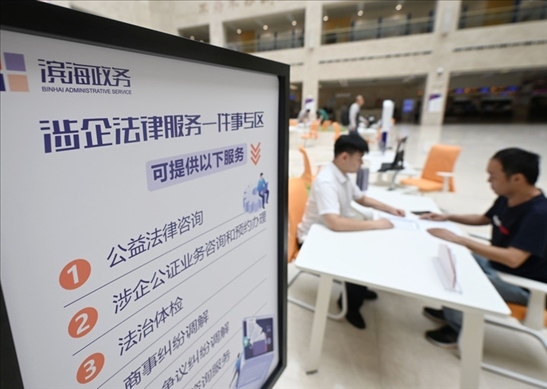 在天津濱海新區(qū)政務(wù)服務(wù)中心，工作人員在“涉企法律服務(wù)一件事”專區(qū)為市民提供服務(wù)（2024年7月31日攝）。新華社記者 趙子碩 攝