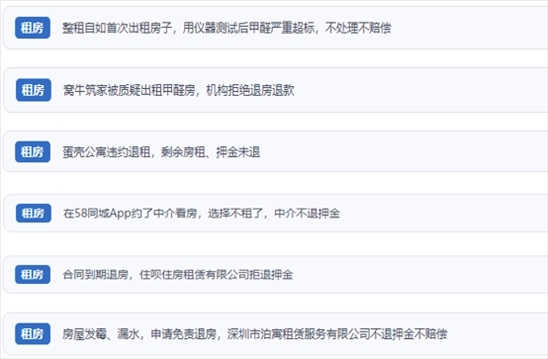 網(wǎng)友涉及租房消費(fèi)中的相關(guān)投訴問(wèn)題。（“人民投訴”用戶投訴截圖）