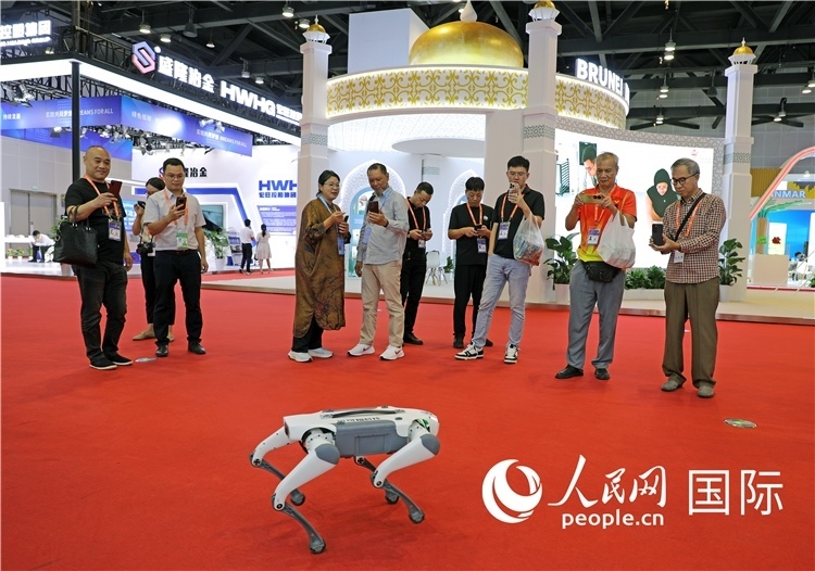 東博會上，觀眾正在參觀一只機(jī)器狗。綠色能源、新能源汽車、綠色農(nóng)產(chǎn)品等成為本屆東博會觀眾關(guān)注的焦點(diǎn)。人民網(wǎng)記者 趙益普攝