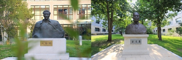 拼版照片：左圖為中央黨校（國(guó)家行政學(xué)院）校園內(nèi)的焦裕祿雕塑；右圖為中央黨校（國(guó)家行政學(xué)院）校園內(nèi)的谷文昌雕塑。