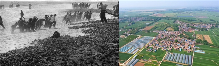 拼版照片：左圖為蘭考群眾在拉淤土壓沙（新華社記者 鄧歷耕 攝）；右圖為2024年4月25日拍攝的蘭考縣張莊村（無人機(jī)照片，新華社記者 郝源 攝）。