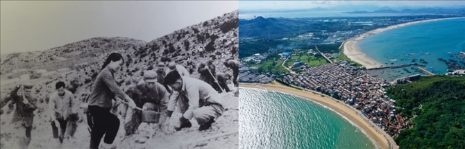 拼版照片：左圖為東山縣群眾在荒山上種植樹苗（資料照片）；右圖為2020年6月18日拍攝的東山縣陳城鎮(zhèn)澳角村附近風(fēng)光（無人機(jī)照片，新華社記者 姜克紅 攝）。