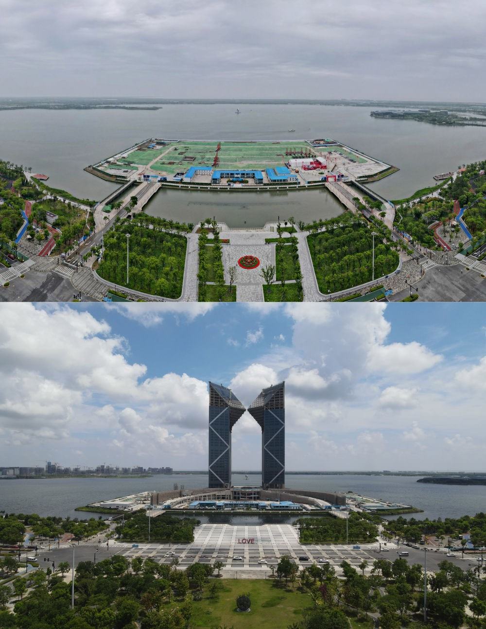 拼版照片：空中俯瞰中國（上海）自由貿(mào)易試驗區(qū)臨港新片區(qū)滴水湖西島中銀金融中心項目現(xiàn)場（上圖為2021年6月20日攝，無人機照片；下圖為2024年8月14日攝，無人機照片）。2019年8月20日，臨港新片區(qū)揭牌成立，一個開放新高地在長江與東海交匯處日益崛起。