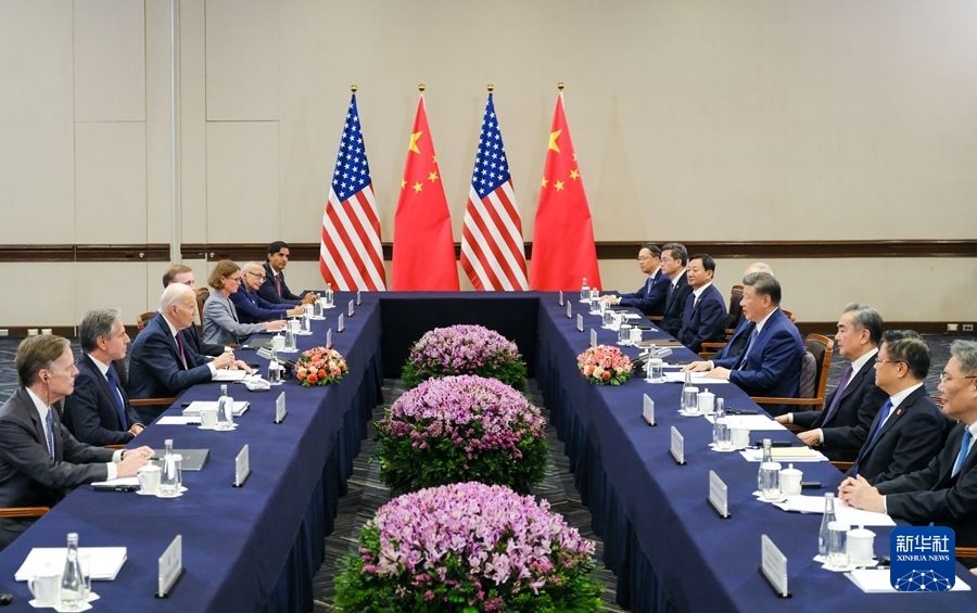 當(dāng)?shù)貢r(shí)間11月16日下午，國家主席習(xí)近平在利馬同美國總統(tǒng)拜登舉行會(huì)晤。新華社記者 丁林 攝