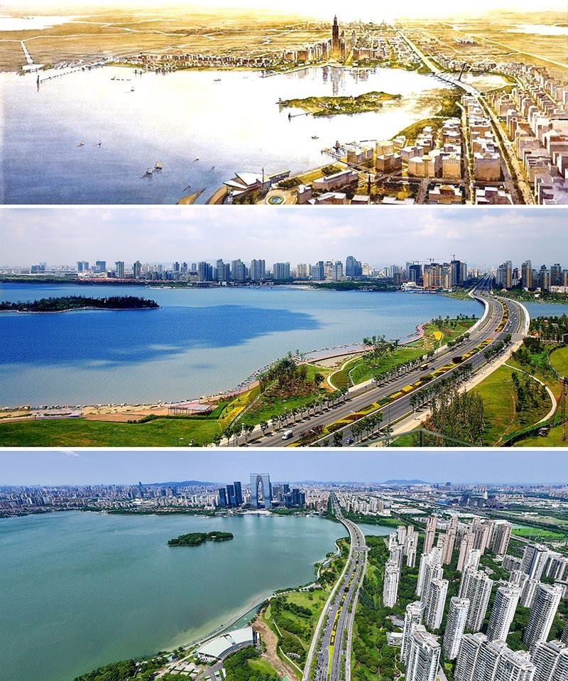 拼版照片：上圖為1994年繪制的蘇州工業(yè)園區(qū)手繪規(guī)劃圖；中圖為2007年拍攝的蘇州工業(yè)園區(qū)；下圖為2023年7月4日用無人機拍攝的蘇州工業(yè)園區(qū)。