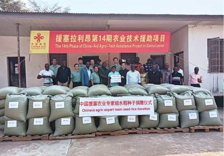 中國援塞拉利昂農(nóng)業(yè)專家組在塞南方省博城舉辦水稻種子捐贈(zèng)儀式。中國援塞農(nóng)業(yè)專家組供圖