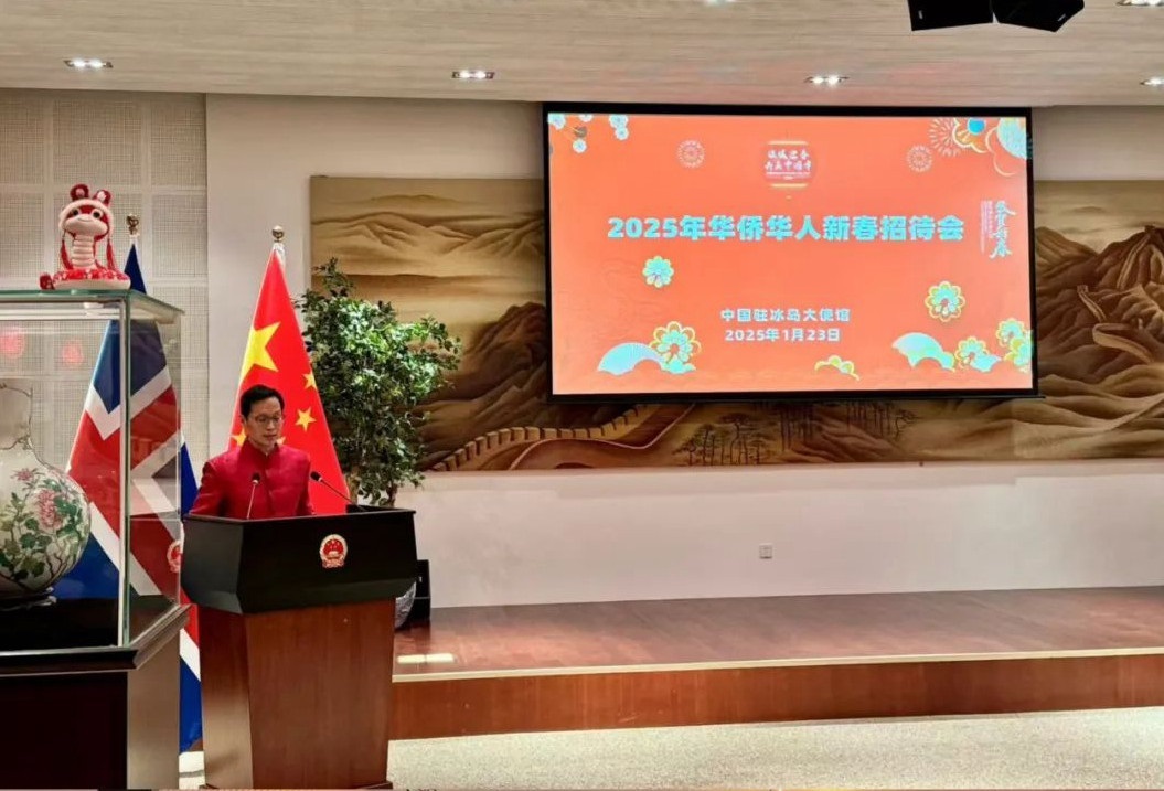 中國(guó)駐冰島大使何儒龍致辭。中國(guó)駐冰島大使館供圖