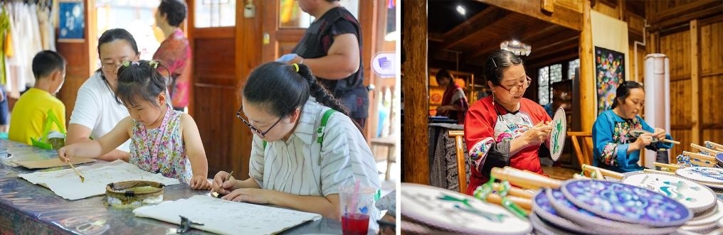 左圖：近期，游客在黎平縣肇興侗寨體驗(yàn)非遺蠟染藝術(shù)（黎平縣委宣傳部供圖）；右圖：這是2024年拍攝的繡娘在十八洞村梨子寨苗繡鄉(xiāng)村振興示范基地制作苗繡產(chǎn)品（湘西州委宣傳部供圖）。