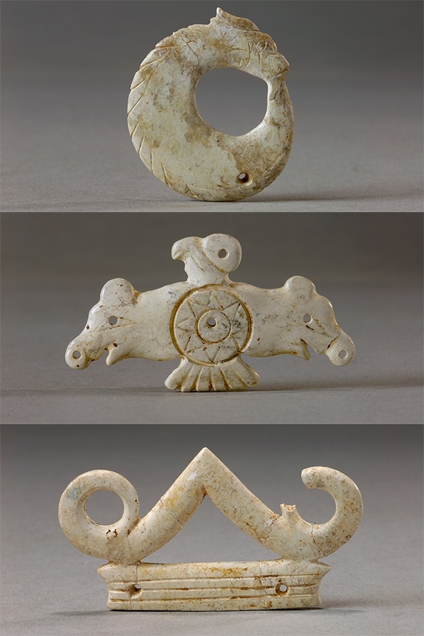 玉龍（上）、玉鷹（中）和玉冠飾（下）。國家文物局供圖