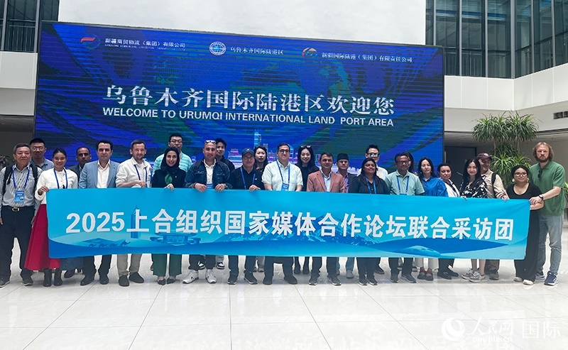 5月26日，外國媒體人在烏魯木齊國際陸港區(qū)合影留念。 人民網(wǎng)記者 翟轉(zhuǎn)麗攝