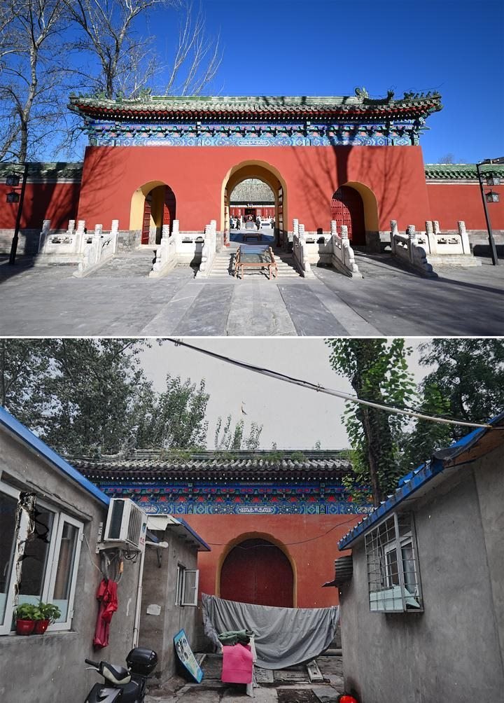 位于先農(nóng)壇內(nèi)的慶成宮，曾長時間被雜亂的民居占據(jù)。在北京中軸線申遺保護工作的帶動下，北京完成了慶成宮區(qū)域文物征收騰退、非文物建筑拆除、彩畫保護、本體修繕、展覽布陳等，讓560多年歷史的古建群重新回歸。2024年12月，北京中軸線上先農(nóng)壇內(nèi)的慶成宮首次面向社會公眾開放。上圖為騰退修繕后的慶成宮內(nèi)宮門（資料照片）；下圖為翻拍的慶成宮內(nèi)宮門騰退修繕前的資料照片（2024年12月21日攝）。